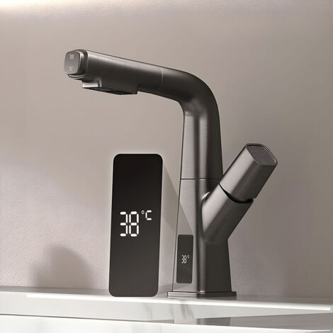 Grifo de lavabo inteligente y lujoso en gris cobre, pantalla digital, control preciso de agua fría y caliente, rotación de 360° para una comodidad óptima.