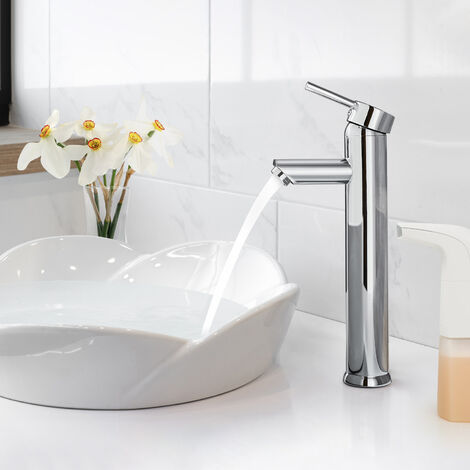 Grifo de Lavabo Monomando Alto Mezclador del Lavabo Grifería de Baño Agua Fría y Caliente Cromado