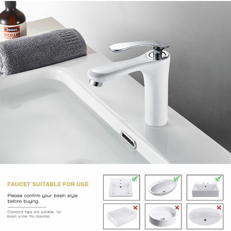 Grifo de Lavabo Monomando para Baño Fregadero, Cuenca Mezclador con Válvula De Cerámica, Agua Fria y Caliente Disponible, Aireador Desmontable Ahorro del Agua, Blanco