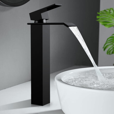 Grifo de lavabo negro de cascada, grifo para baño con caño alto, grifo de lavabo de diseño moderno para lavabo de alta gama