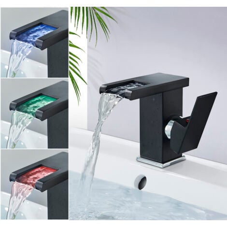 SUGUWORD Grifo de Lavabo para Baño con Luz LED Cascada,Mezclador de Baño Monomando Mezclador Latón y Vidrio, Griferia Agua Fría y Agua Caliente (negro)