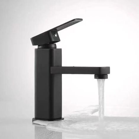 Grifo de lavabo para baño, grifo de lavabo de un solo orificio cuadrado negro (mango de metal)