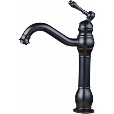 FLITI Grifo de lavabo retro de una sola manija de latón negro con caño alto, elegante grifería de baño y grifo mezclador de diseño antiguo único.