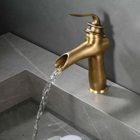 Grifo de lavabo vintage de cascada, grifo de lavabo de latón antiguo, de un solo orificio, monomando, grifo vintage de agua fría y caliente.