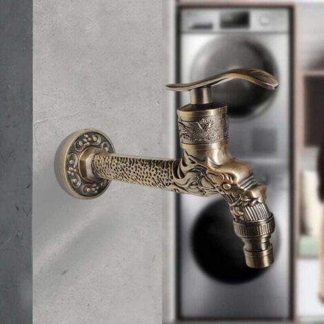 Grifo de pared vintage KZQ, grifo para lavadora, grifo para jardín exterior, grifo de cocina antiguo con dragón tallado y mango largo, para baño, exterior, jardín