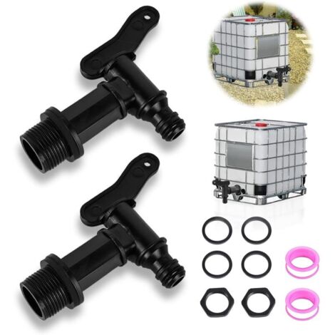 Grifo de plástico para tanque de agua de lluvia (2 unidades) con cinta de PTFE, válvula de drenaje IBC, rosca externa de 3/4", grifo colector de agua de lluvia, válvula para tanque IBC