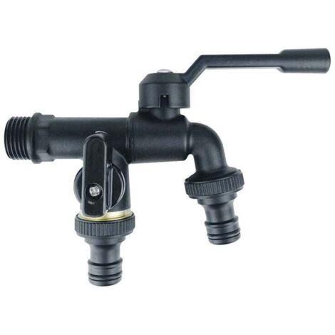 Grifo doble de jardín de latón KZQ, color negro, entrada de 1/2" y salidas de 2 3/4", grifo de jardín de doble salida para lavadora