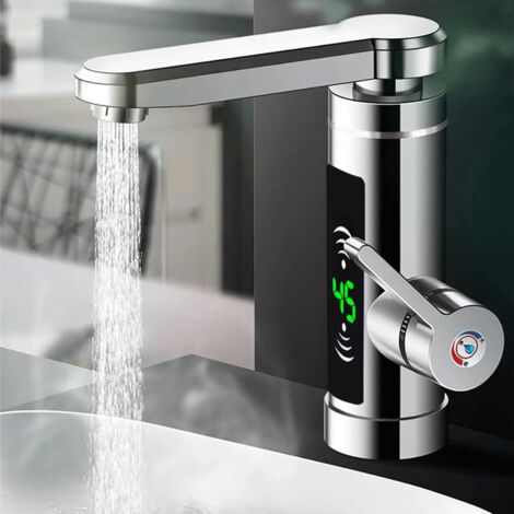 Grifo eléctrico de 3000 W, calentador de agua caliente giratorio 360°, grifo de cocina con indicador de temperatura LED, para cocina, baño (plata)
