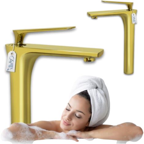 Grifo lavabo caño alto monomando, Dorado