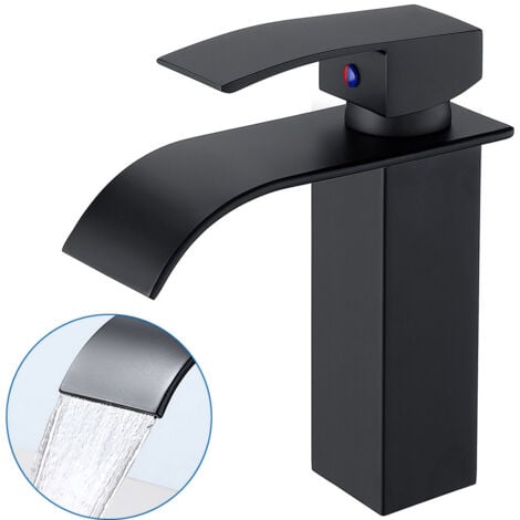 AURALUM Grifo Lavabo Cascada cuadrado Negro Grifería de Baño Mezclador Monomando para Lavabo Grifería de Baño Usado para lavabo bajo encimera