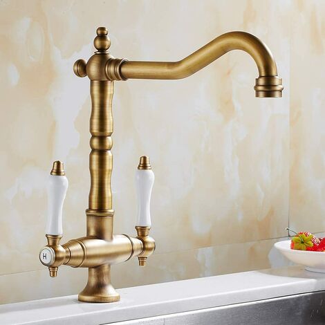 Grifo Mezclador Cocina de Latón Antiguo Grifo de Lavabo de Manija Doble Giratorio de 360° Agua Fría y Caliente Bronce