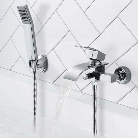 Grifo mezclador de baño con cascada y cabezal de ducha, de latón cromado y ahorro de agua para baño