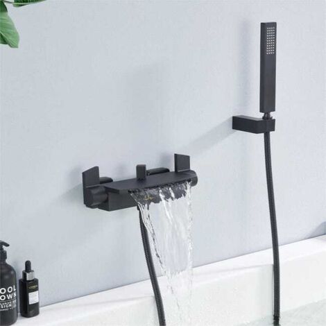 Grifo mezclador de baño tipo cascada en latón negro mate: grifo mural de bajo consumo con gran salida de agua, ducha de mano y manguera flexible.