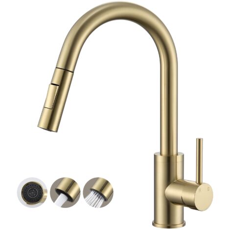Grifo mezclador de cocina con caño extraíble en acero inoxidable dorado cepillado - Grifo de cocina con caño alto giratorio 360°, monomando dorado, incluye mangueras de conexión flexibles.