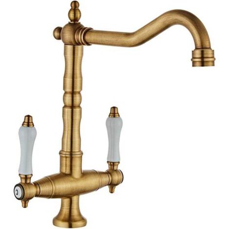Grifo mezclador de cocina vintage, grifo mezclador retro para lavabo con 2 manijas, agua fría y caliente ajustable, giro de 360°, bronce.