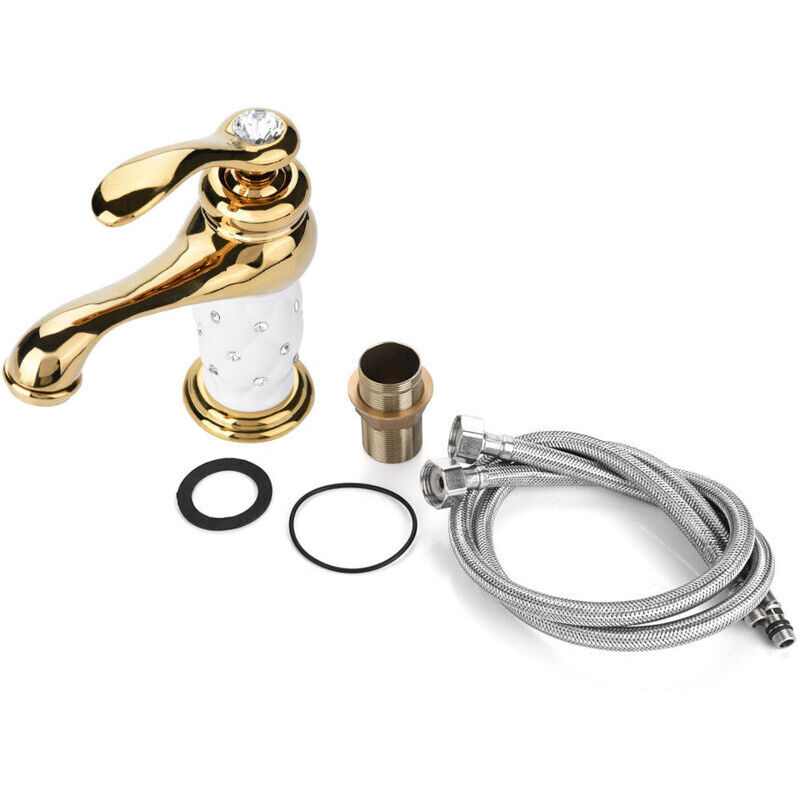 Xisrens Schwarz Grifo Mezclador De Latón Macizo, Grifo De Agua Fría/Caliente Con Adornos Para Lavabo (Dorado)