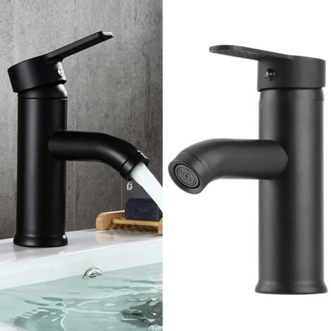 Grifo mezclador de lavabo de acero inoxidable negro, tipo bajo, con agua fría y caliente.