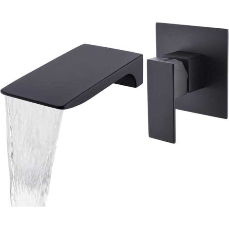 Grifo mezclador de lavabo de baño negro montado en la pared, grifo de cascada de latón montado en la pared
