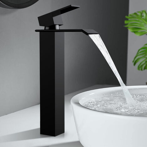 main image of "Grifo mezclador en cascada Lavabo negro Lavabo alto Mezclador de lavabo monomando cuadrado agua fría y caliente de latón para baño"