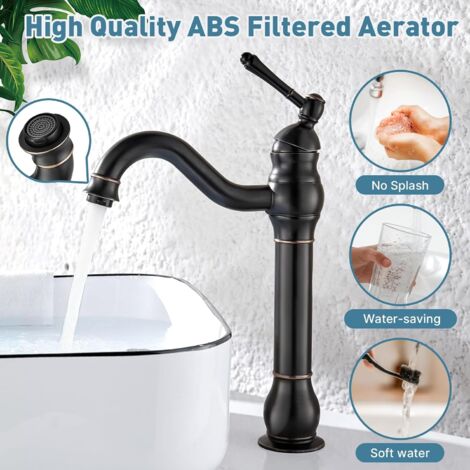 Grifo mezclador para lavabo alto giratorio de 360°, latón, estilo retro clásico, negro