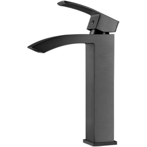 Grifo mezclador para lavabo de gran altura con efecto cascada en acero inoxidable 304, diseño curvo, maneta elevable, color gris.