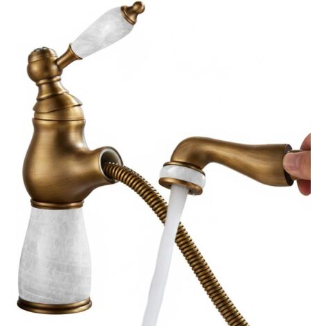 Grifo mezclador para lavabo de un solo orificio con cabezal extraíble y grifo de agua fría y caliente (blanco, acabado antiguo corto)