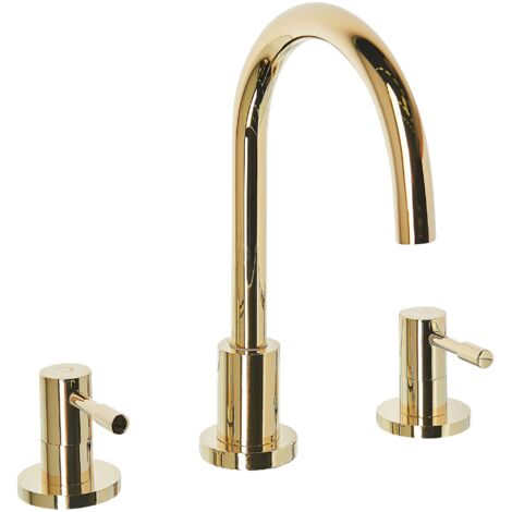 Grifo mezclador para lavabo latón dorado bimando caño curvo Sipi