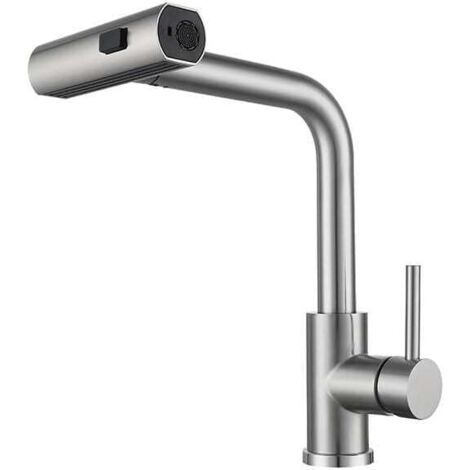 Grifo monomando de acero inoxidable para fregadero de cocina con rociador extraíble, grifo monomando de cocina de un orificio, caño giratorio, grifo de agua fría y caliente.