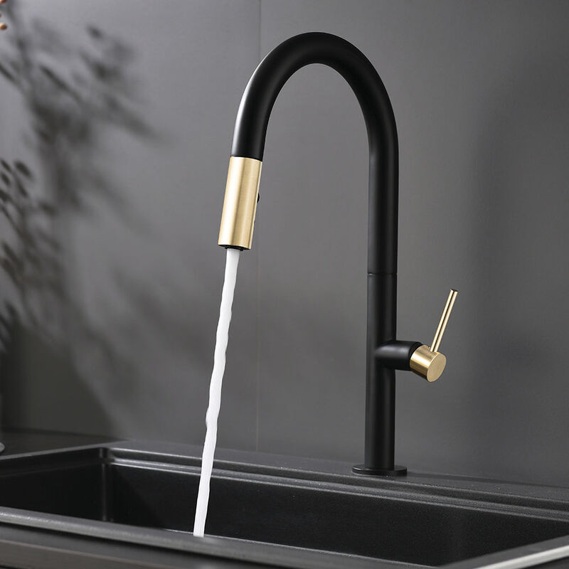 

Grifo monomando de cocina extraible en color negro mate con detalles en oro pulido. Ducha extraíble con 2 posiciones y sistema imantado para un