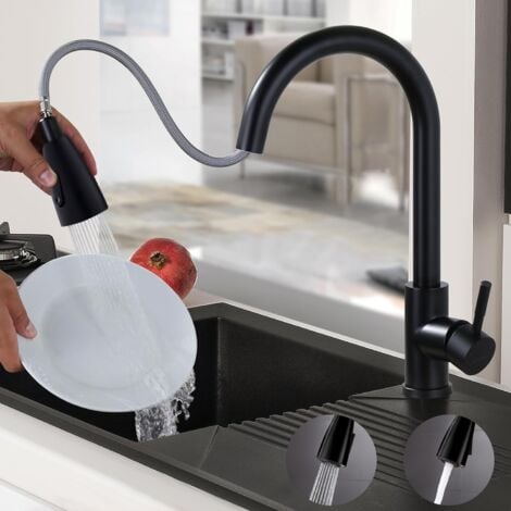 Grifo Monomando de Cocina negro, SDLOGAL, mezclador de cocina, fregadero de cocina, giratorio de 360°, Rociador desplegable, 2 modos, grifo de fregadero frío y caliente disponible, con manguera