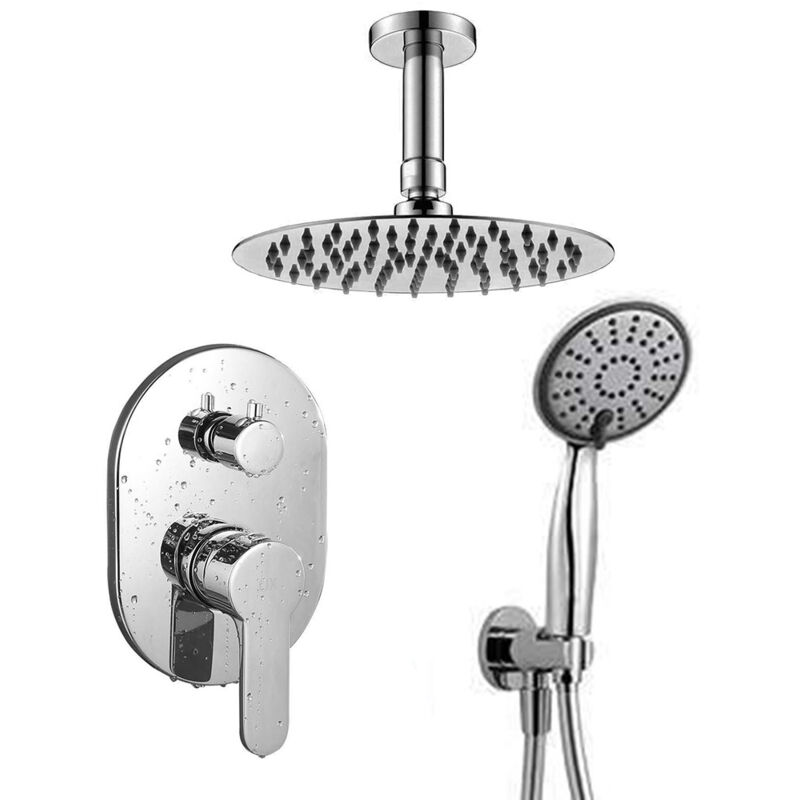 

Grifo monomando ducha para empotrar SIO salida techo. Acabado redondo cromo brillo. Incluye soporte con toma agua, flexo PVC plateado, brazo ducha y