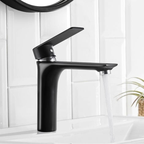 Grifo Monomando para Baño Lavabo, Cuenca Mezclador con Válvula De Cerámica, Agua Fria y Caliente Disponible, Aireador Desmontable Ahorro del Agua, Negro