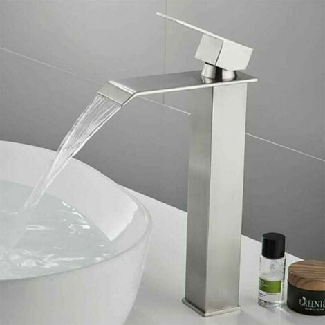 Grifo monomando para lavabo, cascada alta, rectangular, de un solo orificio, cartucho cerámico, mezclador de agua caliente y fría, ajustable, de acero inoxidable, cromado y plateado, sin plomo.