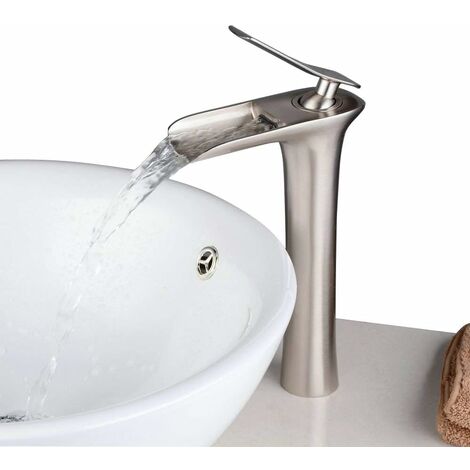 Grifo monomando para lavabo de gran altura con caño en cascada, acabado en níquel cepillado