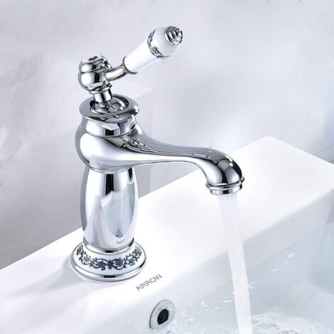 Grifo monomando para lavabo de latón y cerámica, de porcelana blanca y negra, cuello largo, estilo vintage floral, con entrada de agua fría y caliente, para cocina y baño (cromado).