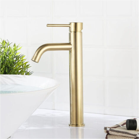 Grifo monomando para lavabo, diseño moderno y creativo, grifo monomando brillante, oro cepillado, latón macizo (2 mangueras incluidas) - RW