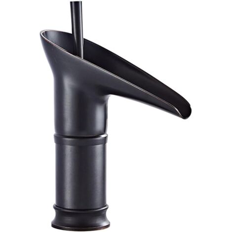 Grifo monomando para lavabo en cascada, de sobre encimera, con un solo orificio, para agua fría y caliente (negro, corto)