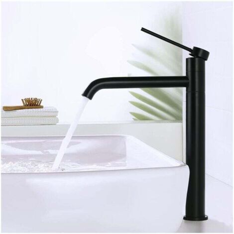 Grifo monomando para lavabo FOREHILL, negro mate, caño alto, caño giratorio 360°, acero inoxidable (SS304) para un diseño de baño moderno.