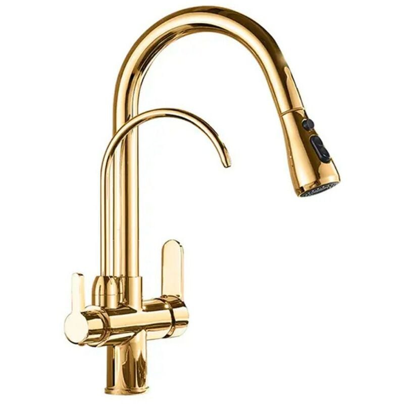 

Grifo Osmosis Inversa 3 vías, extraible, giratorio 360º lineas curvas | Dorado