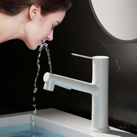 Grifo para fregadero de cocina con rociador extraíble (blanco), grifo para lavabo de un solo orificio, tres modos de flujo de agua con caño giratorio, caño multifuncional para lavabos de baño
