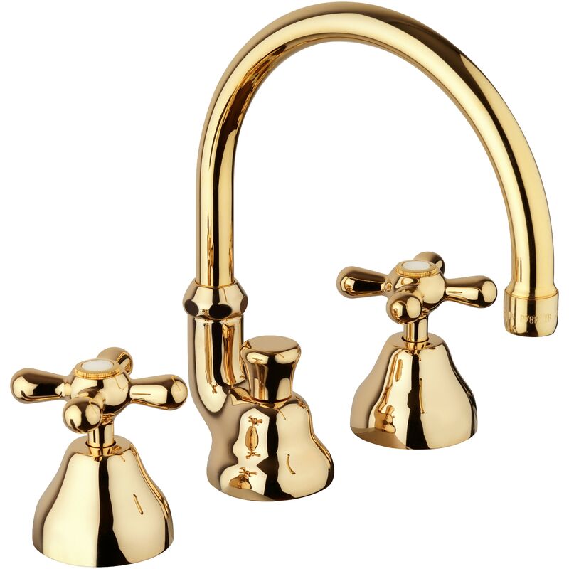 

Piralla Rubinetteria - Grifo para lavabo con caño alto de 3 orificios en color dorado Piralla Sofia 0SFOR035A17 | Oro - Desagüe automático 1'1/4