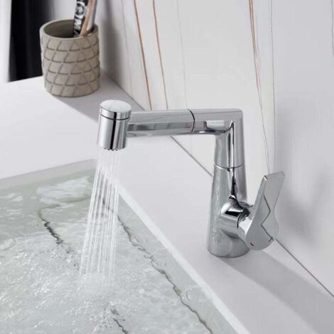 Grifo para lavabo de baño de color gris pistola, cuerpo de cobre, giratorio, extraíble, grifo multifuncional para lavabo con agua caliente y fría, color galvanizado, 1 unidad
