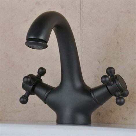 Grifo para lavabo de baño retro de bronce frotado con aceite negro, grifo mezclador de agua fría y caliente de una sola manija.