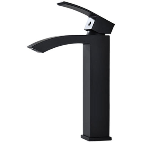 Grifo para lavabo de cascada de gran altura en acero inoxidable 304, diseño curvo, manija elevable, color negro