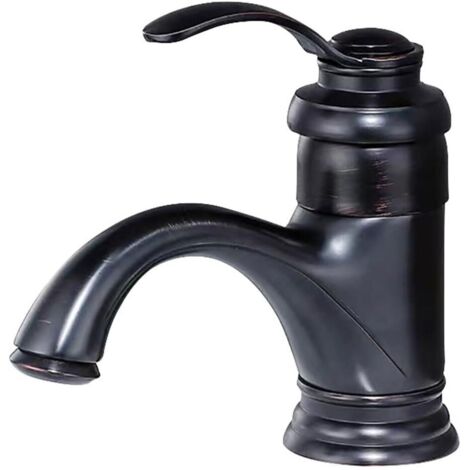 Grifo para lavabo de cobre, monomando, de un solo orificio y arco bajo, montado en encimera, para agua caliente y fría (negro, corto)