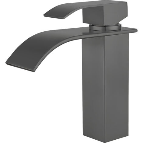 Grifo para lavabo en cascada de acero inoxidable 304, instalación de un solo orificio, manija elevable, color gris