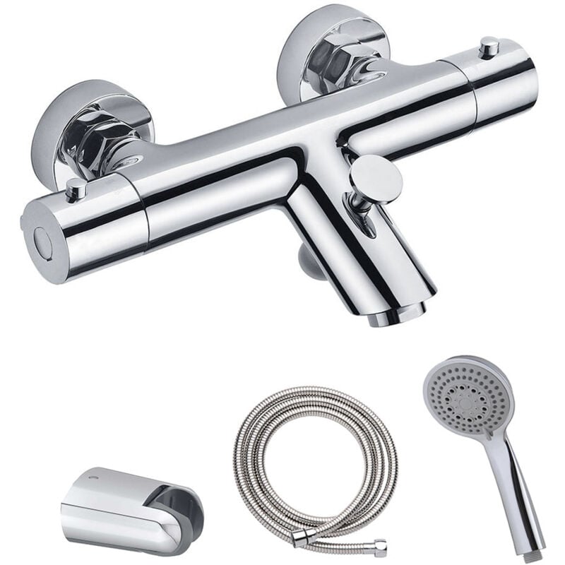 

Llavisan - Grifo termostático para bañera BO con equipo y manetas de zinc. Incluye flexo de acero inoxidable, mango de ducha y soporte de ducha Kibath