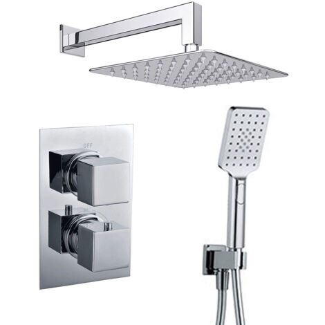 Grifo termostático ducha para empotrar ABE salida pared. Incluye soporte con toma agua, flexo PVC plateado, brazo ducha y rociador extraplano. Ducha empotrable con acabado cuadrado en cromo brillo Kibath