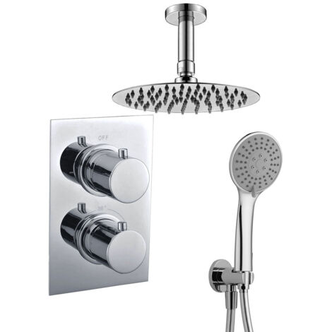Grifo termostático ducha para empotrar PO salida techo. Incluye soporte con toma agua, flexo PVC plateado, brazo ducha y rociador extraplano. Ducha empotrable con acabado redondeada en cromo brillo Kibath