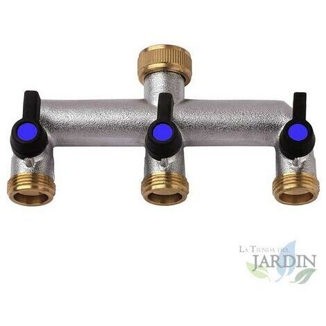 Grifo Triple Metal 3 Salidas, Rosca 3/4" - Divisor de Agua Resistente para Jardín